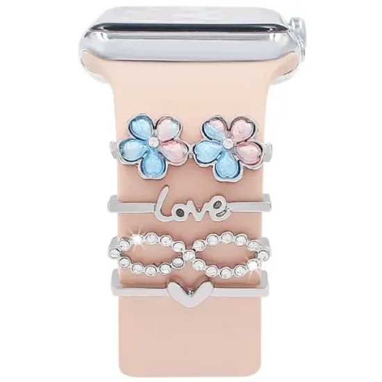 (image for) Love of Pearl Flower Watch Band Charm Set Silver Tone Compatible with all Apple Watch Series - Click Image to Close