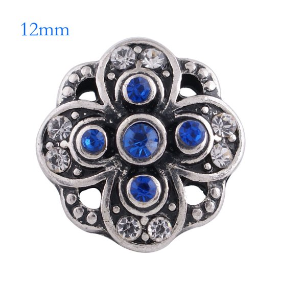 (image for) Mini Snap 12mm - Rhinestone Designer Flower Blue - Click Image to Close