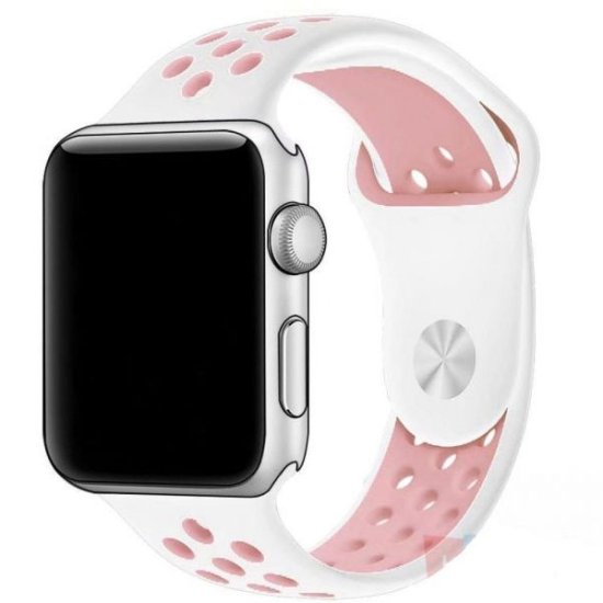 (image for) White & Pink Apple Silicone Sport Bands 38mm 40mm 41mm Breathable Replacement Strap - Click Image to Close